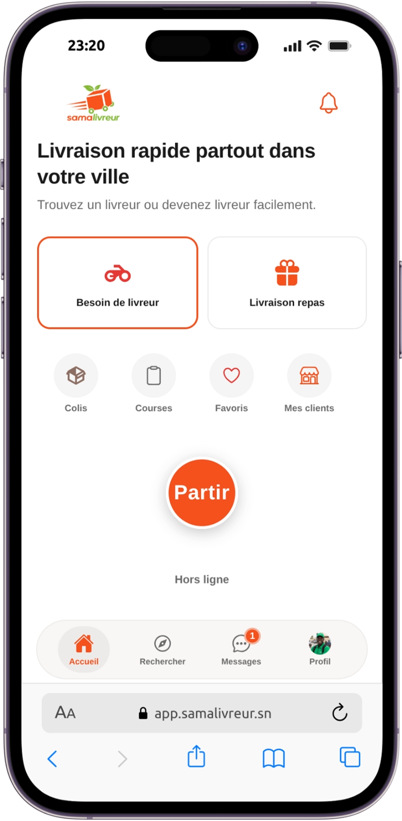 Bouton Partir ngir activé mode livreur