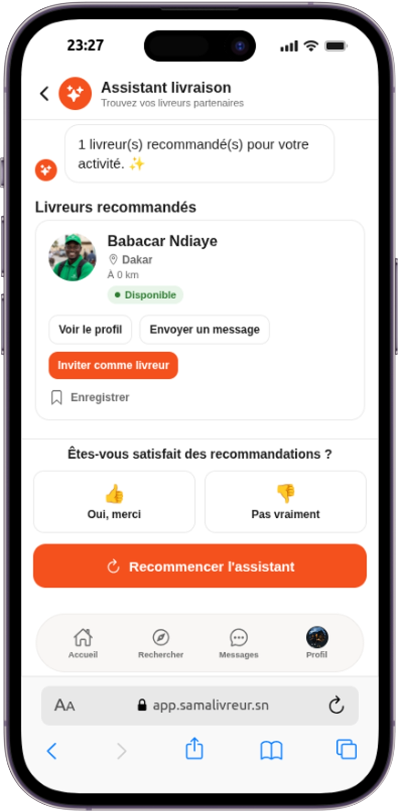 Assistant livraison ak ay recommandation livreur