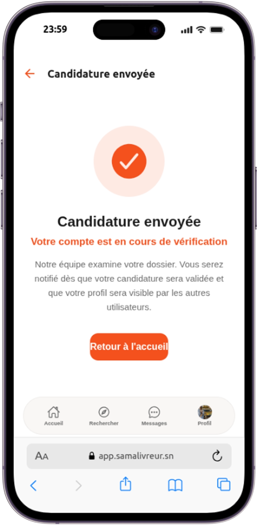 Confirmation candidature livreur yóbbee