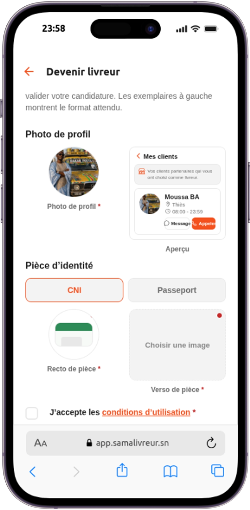 Formulaire inscription livreur ak aperçu profil